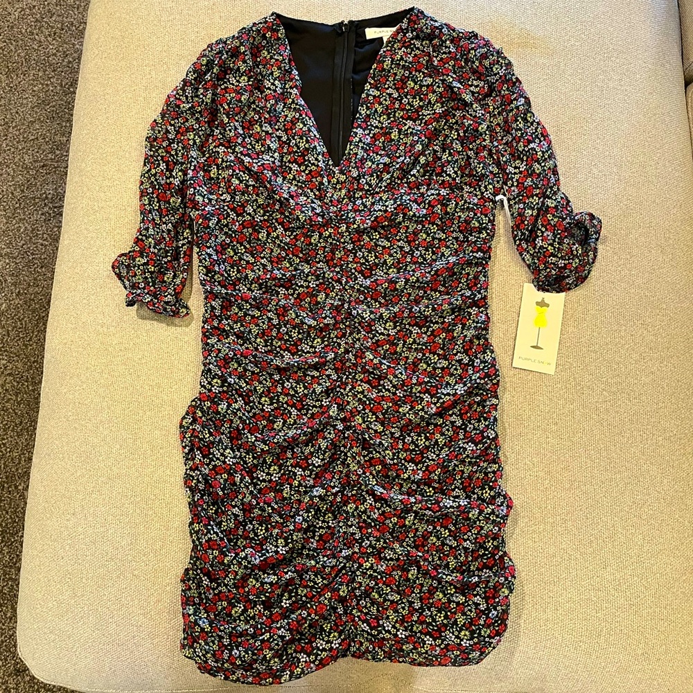 Purple Snow Body Con Ruched Floral Dress